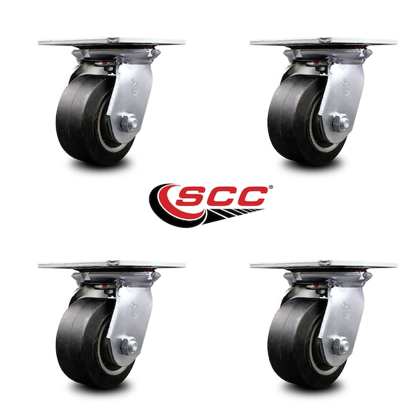 4 Inch Heavy Duty Rubber On Aluminum Caster Set With Ball Bearings SCC, 4PK